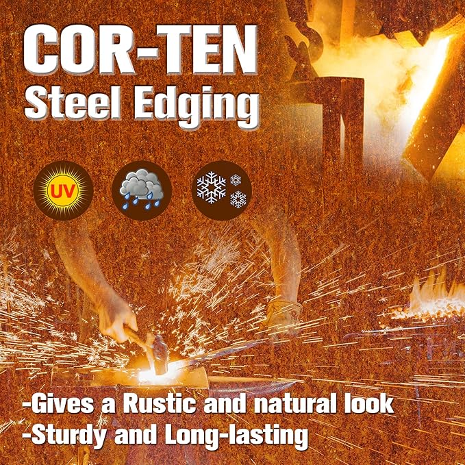 Worth Garden 6 Pack Pre-Rusted Cor-Ten Steel Landscape Edging - 40" L x 5.5" H Each (20ft Total) - No-Dig Hammer-in Heavy Duty 14-Gauge Metal Border w/ 7 Clips & Gloves - Edge for Lawn Yard