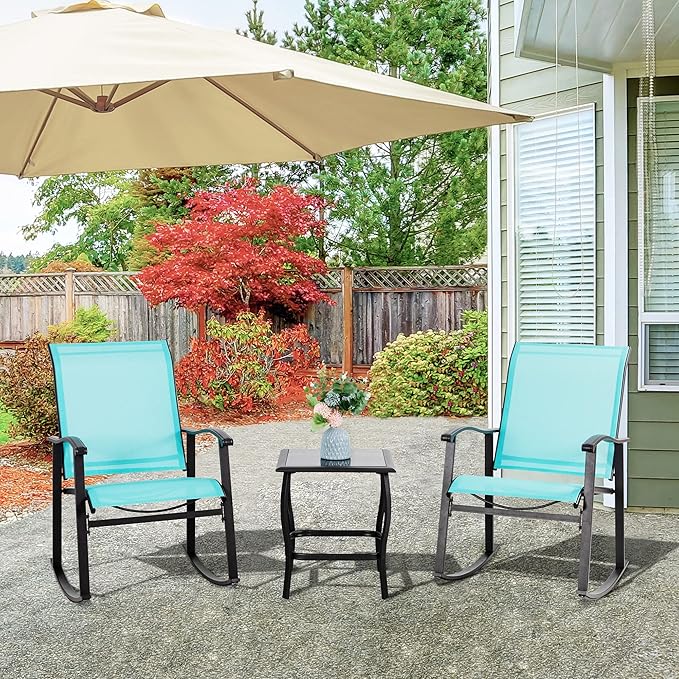 Vongrasig 3 Piece Outdoor Rocking Bistro Set, Textilene Fabric Small Patio Furniture Set, Front Porch Rocker Chairs Conversation Set with Glass Table for Lawn, Garden, Balcony, Poolside (Blue)