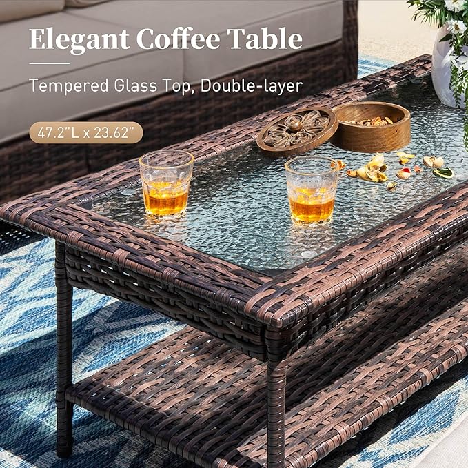 6 Piece Patio Furniture Set with Swivel Chairs, High Back Wicker Rattan Sofa with Extra Thick Cushion, Coffee Table and Ottoman, Outdoor Conversation Set for Backyard Deck,Beige