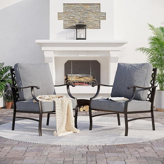 Metal Patio Chairs Set of 2 with 5.75" Extra Thick Cushion, 2 Pieces High Back Outdoor Patio Chairs All Weather Outdoor Furniture Seating for Deck Backyard Balcony Front Porch, Gray