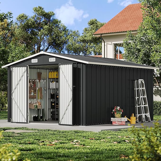 10x12FT Outdoor Storage Shed, Metal Garden Shed with Lockable Double Doors & Sloping Roof, Weather-Resistant Tool Shed for Backyard, Patio, Poolside Black