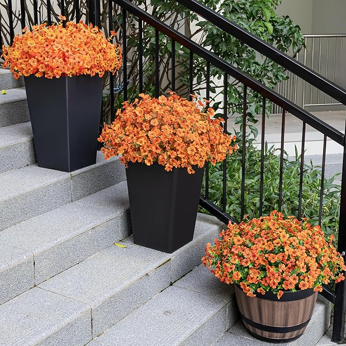 20 Bundles Artificial Fake Mums for Outdoor Fake Plants for Autumn Decoration,Faux Eucalyptus Flowers for Planter UV Resistant Lifelike for Home Porch Garden (Fall Orange)