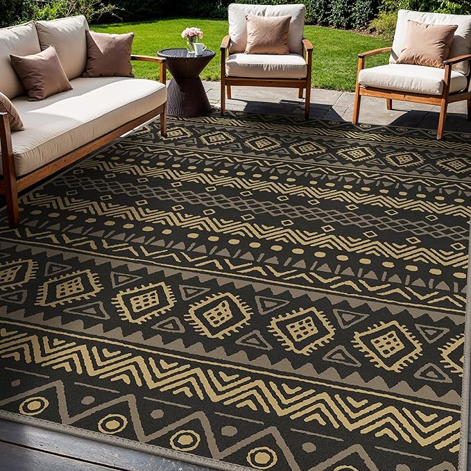 GENIMO Outdoor Rug for Patio Clearance, 5'x7' Reversible Plastic Straw Rugs, Lightweight Waterproof RV Camping Mat for Camper, Balcony, Deck, Backyard, Picnic, BlackBrown