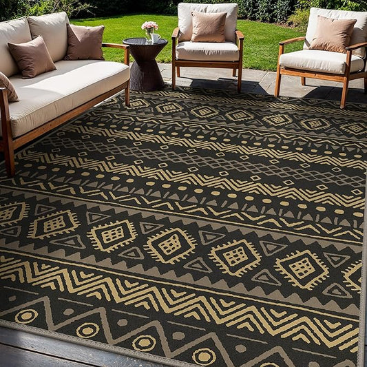 GENIMO Outdoor Rug for Patio Clearance, 8'x10' Reversible Plastic Straw Rugs, Lightweight Waterproof RV Camping Mat for Camper, Balcony, Deck, Backyard, Picnic, Mix-BlackBrown