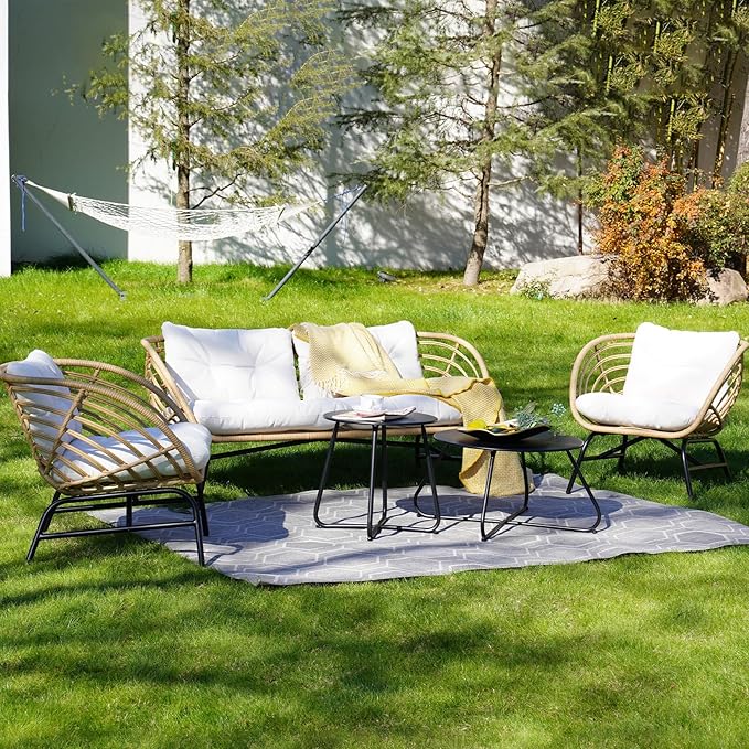Grand patio 5-Piece Boho Outdoor Furniture Set, Wicker Sofa Set with Beige Thick Cushions and 2 Coffee Tables, Conversation Set for Backyard,Balcony,Poolside