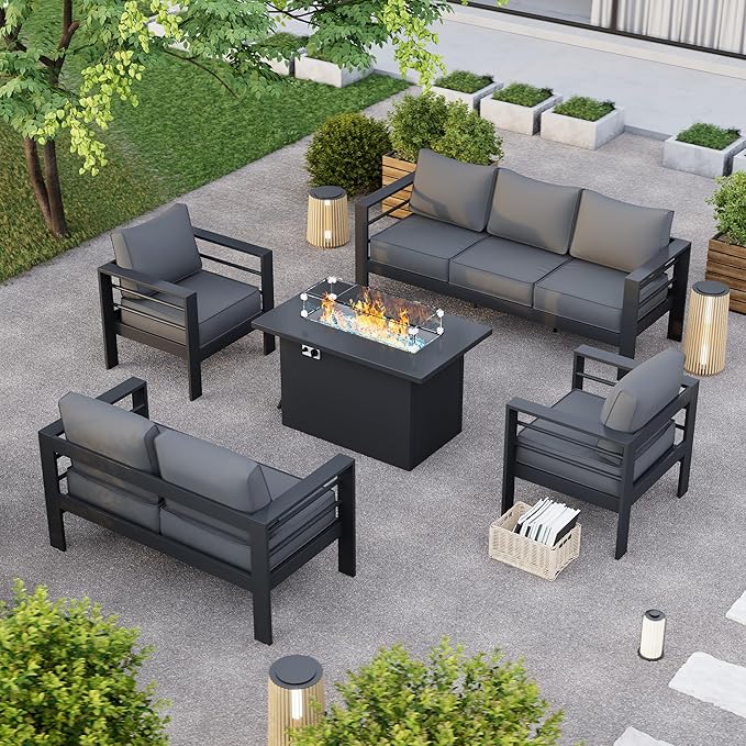 Patio Furniture Set with Fire Pit Table, Aluminum Patio Furniture Set,Grey Outdoor Metal Sectional Sofa with Aluminum Fire Pit Table for Garden Backyard (Include Waterproof Cover)