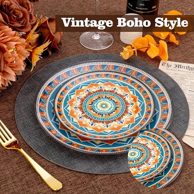 60PCS Bohemian Plastic Plates - Boho Plate Disposable - Vintage Bohemian Style Plate Include 30 Dinner and 30 Dessert Plates for Kitchen Party Decorative