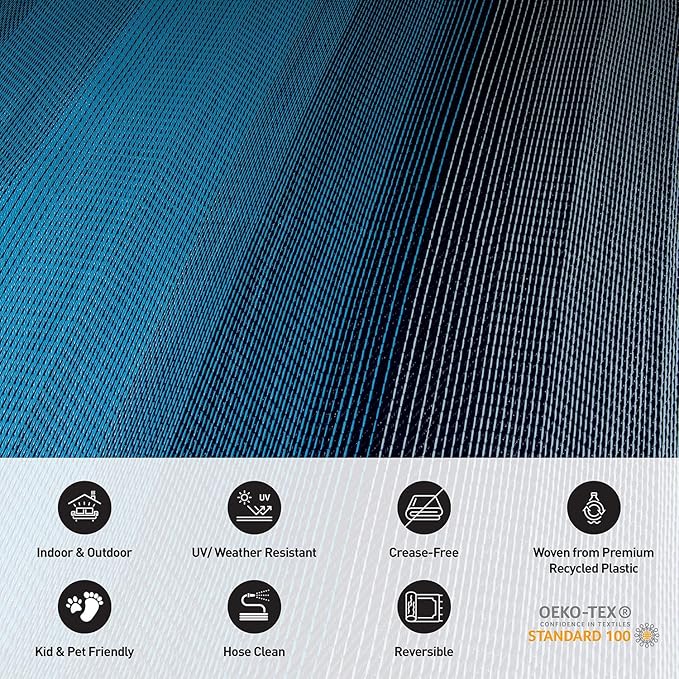 Rugshop Stripe Shade Reversible Crease-Free Waterproof Premium Recycled Plastic Outdoor Rugs for Patio,Backyard,RV,Deck,Picnic,Trailer,Beach,Camping,Sunroom Sky/Blue 5' x 7'