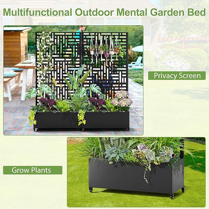 Raised Garden Bed with Trellis and Wheels,73"x35"x16" Metal Raised Garden Bed,Black Modern Metal Planter with Climbing Trellis for Vines & Vegetables