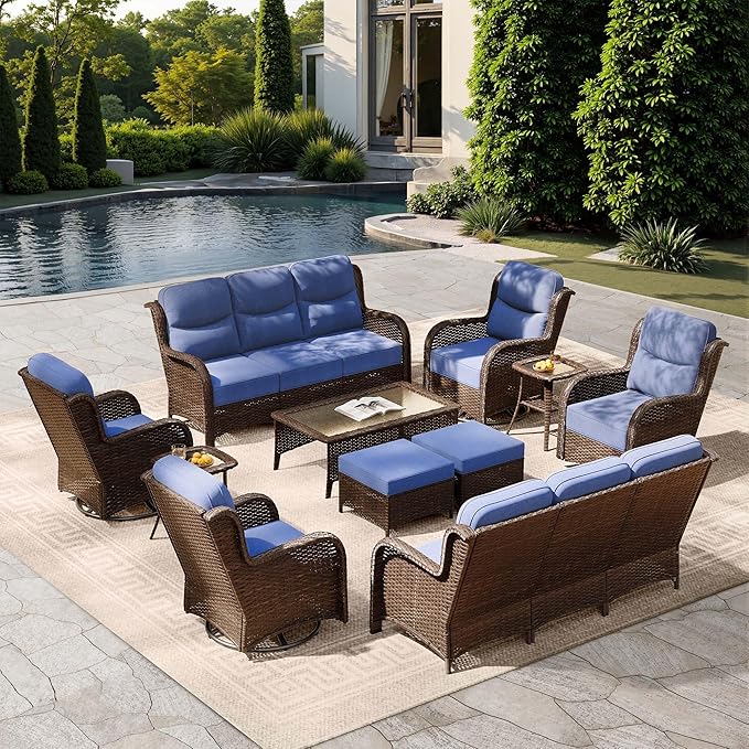 HILLGA Luxury Patio Furniture Set with 6-Inch Thick Cushions, High Back Outdoor Swivel Rocker Chairs and Patio Couch, 11-Piece All Weather Conversation Set for Porch Deck Pool Yard, Blue (V3)