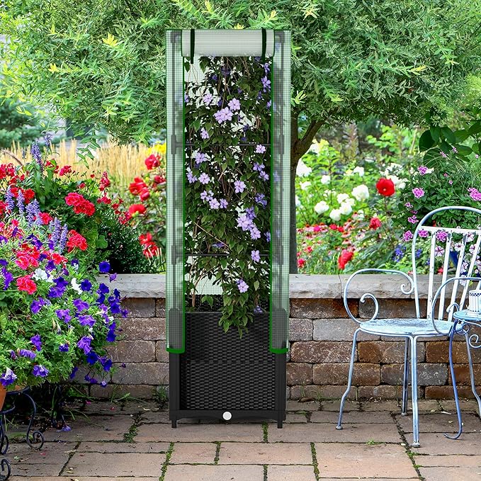 Onelike 16'' x 16'' x 55.5'' Plastic Raised Garden Bed with Greenhouse Cover and Trellis, Vertical Tomato Planters for Climbing Plants, Self Watering System Tomatoes Cage for Patio,Black,Small