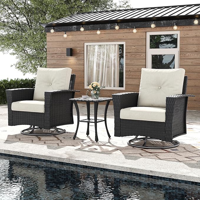 3 Pieces Outdoor Patio Furniture Set, Wicker Patio Sectional Set Conversation Wicker Swivel Chairs with Small Side Table