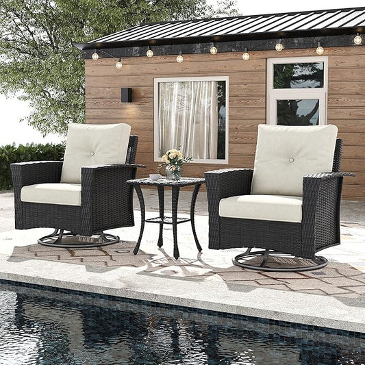 3 Pieces Outdoor Patio Furniture Set, Wicker Patio Sectional Set Conversation Wicker Swivel Chairs with Small Side Table