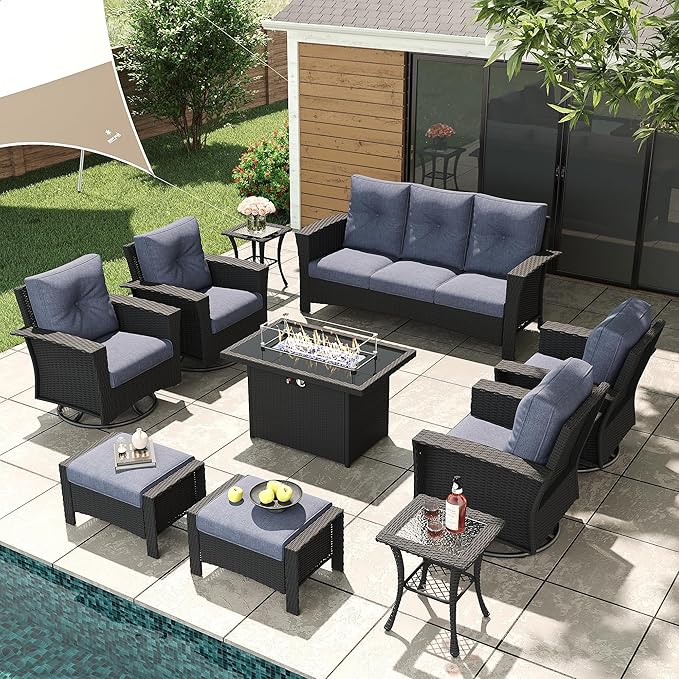 LayinSun 10 Piece Wicker Patio Furniture Set with Fire Pit Table, Classis Outdoor Conversation 360 Degree Swivel Chairs Set with Coffee Table