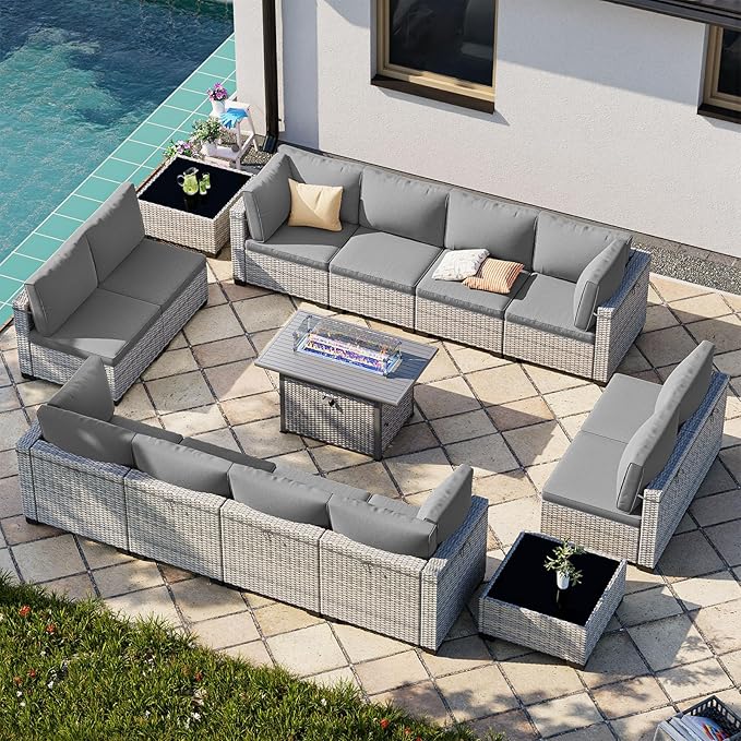 15-Piece Patio Furniture Set, Outdoor Patio Furniture with 55,000 BTU Fire Pit Table, Thick Cushions, Modular Patio Sofa, Dual-Strand Wicker Rattan, Rust-Resistant Frame, Grey