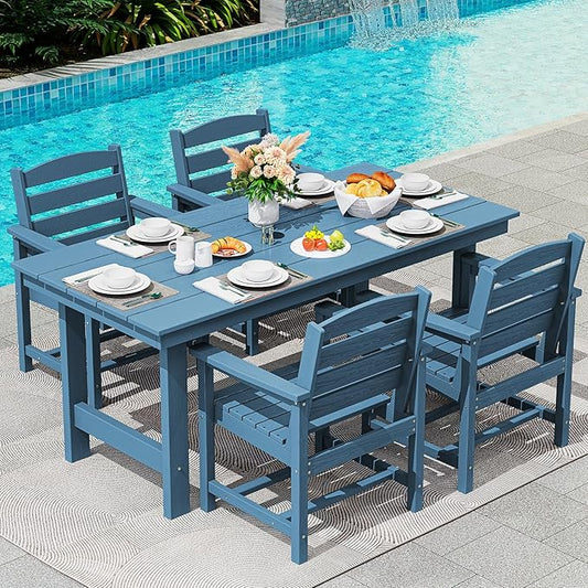 SERWALL Patio Table Set, Outdoor HDPE Dining Furniture with Umbrella Hole, All Weather for Lawn, Garden, Backyard, Poolside, Blue
