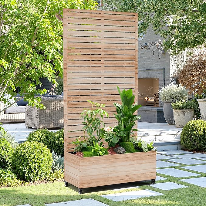 15.7"×70.9"×35.4" Metal Raised Garden Bed with Trellis and Wheels - Tall Trellis Planter Box for Climbing Plants, Vegetables & Vines - Outdoor Privacy Planters for Patio (Acacia Wood Grain)
