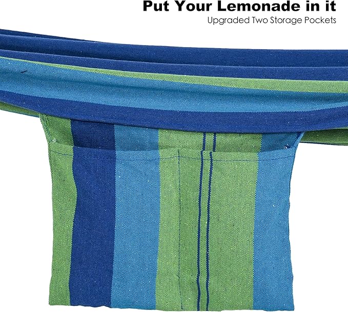 Double Hammock with Stand for Outside, Upgraded Spreader Bar, Heavy Duty Space Saving Steel Stand 2 Person, Side Pockets, Easy Assembly, 600lbs Weight Capacity, Indoor & Outdoor (Green Blue)