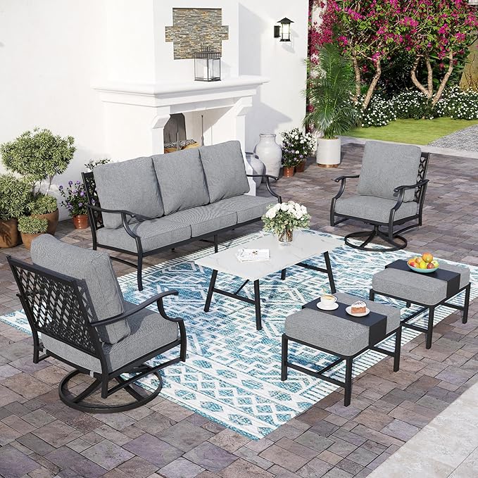 6 Piece Metal Outdoor Patio Furniture Set, Patio Conversation Sets 1 3-seater Sofa, 2 Swivel Chair, 2 Ottomans with 5.75" Thick Cushion and Coffee Table, Black Backyard Furniture, Gray