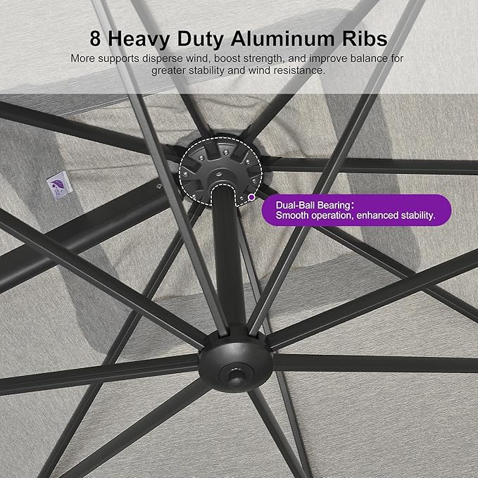 PURPLE LEAF 10 FT Outdoor Umbrella with Base Patio Cantilever Aluminum Umbrella with 3 Years Fade Resistance Recycled Fabric Offset Square with 360-degree Rotation for Deck Pool Garden, Pebble Grey