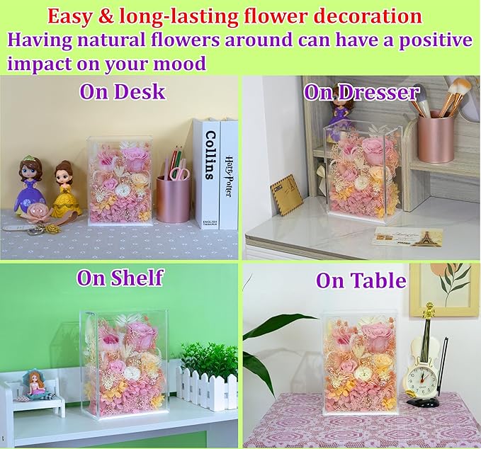 Valley of Rain & Forest Long-Lasting Real Flowers, Handcrafted Preserved Rose Bush For you to Send Love for All Occasions, Floral Arrangement for Indoor Decoration (Pink Rose)