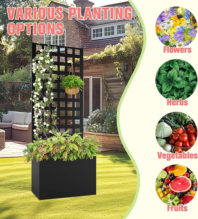Metal Planter Box with Trellis, Raised Garder Bed with Drainage Hole, Privacy Screen & Trellis for Climbing Plants, Outdoor Plant Stands, 24''L×12''W×63''H, Black