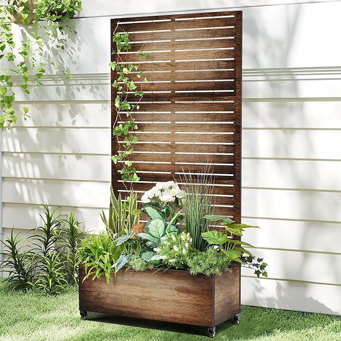 Raised Garden Bed with Trellis and Wheels,73"x35"x16" Metal Raised Garden Bed,Vintage Wood Finish Metal Planter with Climbing Trellis for Vines & Vegetables