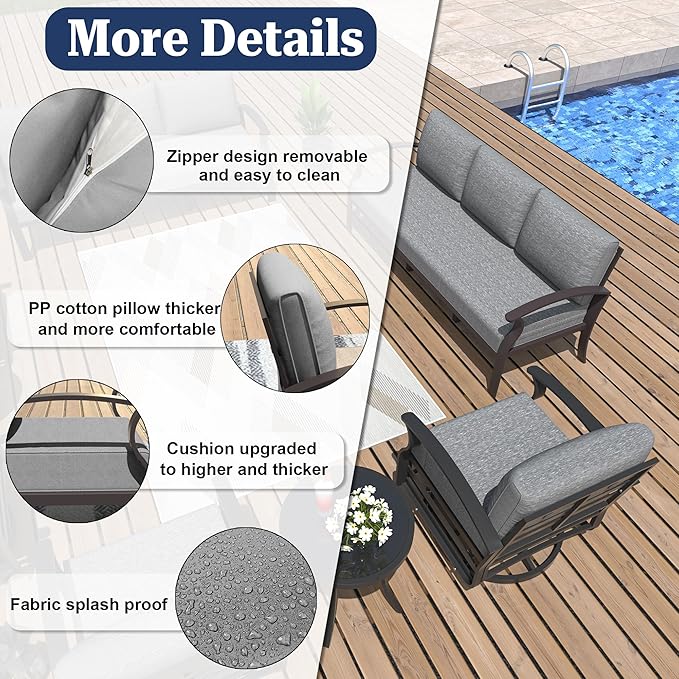 Kurapika Aluminum Patio Furniture Set 5-Seat Modern Metal Outdoor Conversation Sets w/5.1 Inch Cushion Patio Sectional Sofa, Grey