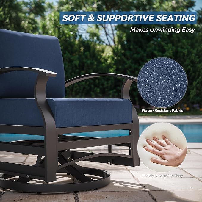 Kurapika 5 Piece Modern Metal Outdoor Conversation Sets, Patio Furniture Set, 4 Aluminum Swivel Chairs w/48in Round Propane Fire Pit Table and Thickened Cushions, Navy Blue