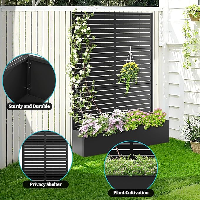 Metal Planter Box with Trellis, Planter Box with Privacy Screen, Privacy Trellis Outdoor for Climbing Plants with Drainage Holes, Raised Garden Bed for Vegetables