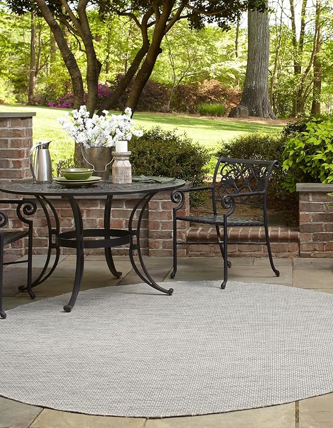 Unique Loom Collection Casual Transitional Solid Heathered Indoor/Outdoor Flatweave Area Rug (8' Round, Light Gray/Ivory)