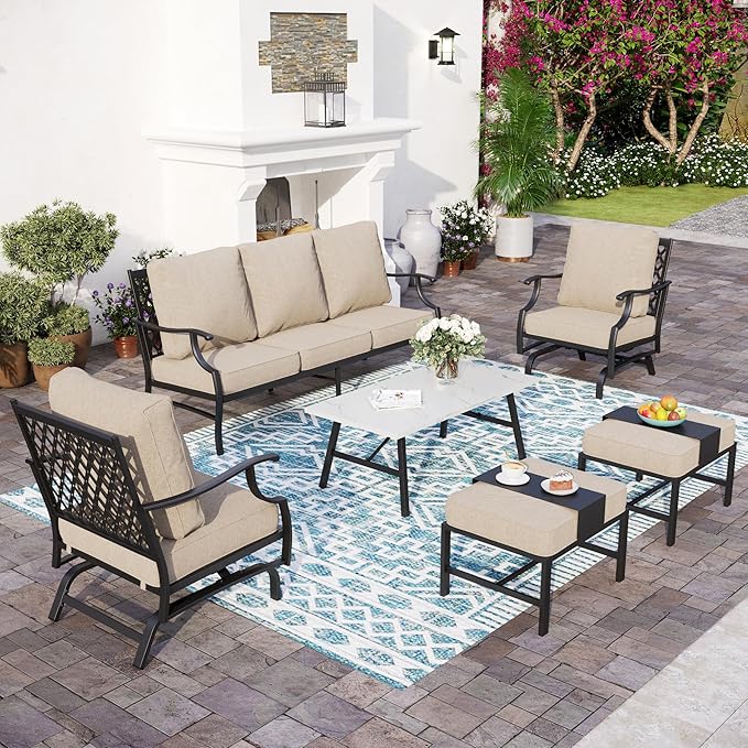 Patio Furniture Set, Modern Metal Outdoor Patio Furniture, 3 Seater Sofa, 2 Rocking Chairs, 2 Ottomans, Coffee Table and 5.75" Extra Thick Cushion, Patio Conversation Set for Backyard