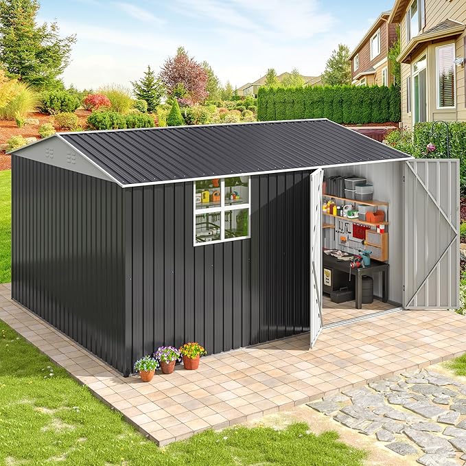 10X12 FT Outdoor Storage Shed, Metal Garden Shed with Updated Lockable Doors and Frame Structure, Large Tool Sheds for Backyard Garden Patio Lawn,Black