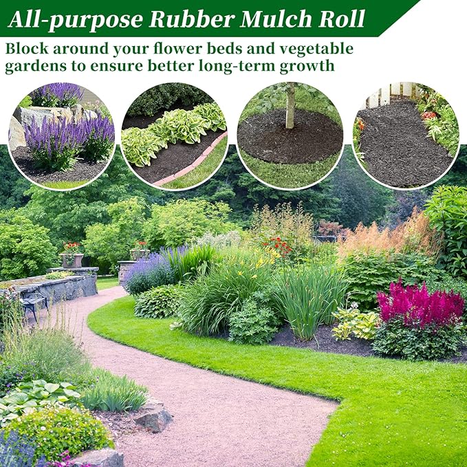 Rubber Mulch for Landscaping 4 Pack 120“ L x 4.5”W Recycled Garden Edging Border Mat Natural Looking Permanent Garden Mulch Barrier for Plants Vegetables & Flowers 60 U-Shaped Steel Stakes