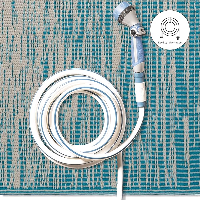 Fab Habitat Outdoor Rug - Waterproof, Fade Resistant, Crease-Free - Premium Recycled Plastic - Distressed Abstract Stripes - Patio, Deck, Porch, Balcony, Laundry Room - Brooklyn - Teal - 4 x 6 ft