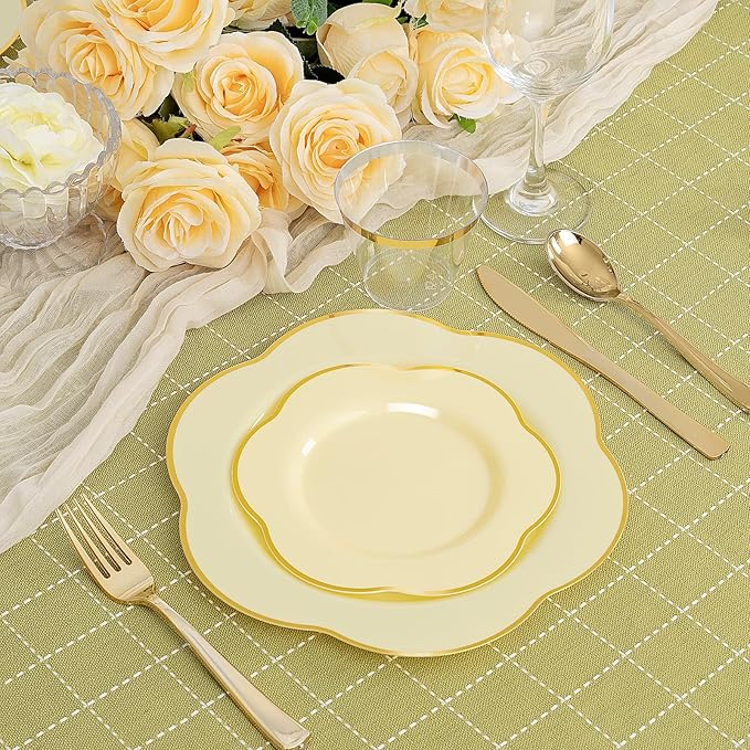 Liacere 50PCS Yellow Plastic Plates - Heavy Duty Disposable -Yellow and Gold Include 25PCS 7inch and 25PCS 10inch Plates for Mother's Day & Baby Shower