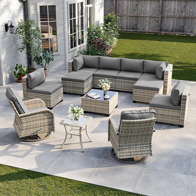 12-Piece Patio Furniture Set, Outdoor Patio Furniture with Swivel Chairs Set, Ottomans, Modular Patio Sofa, Dual-Strand Wicker Rattan, Rust-Resistant Frame, Grey