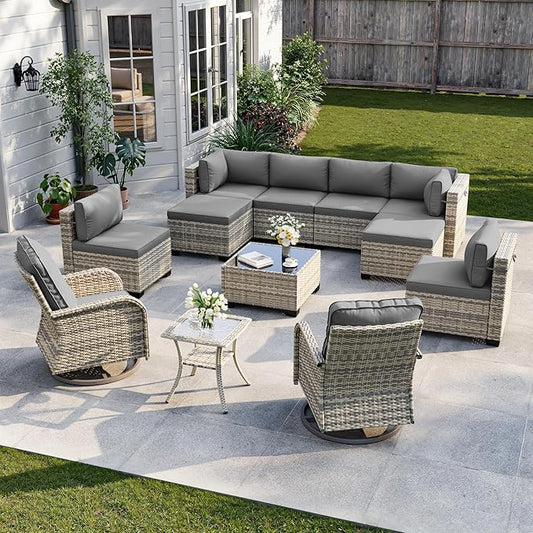 12-Piece Patio Furniture Set, Outdoor Patio Furniture with Swivel Chairs Set, Ottomans, Modular Patio Sofa, Dual-Strand Wicker Rattan, Rust-Resistant Frame, Grey