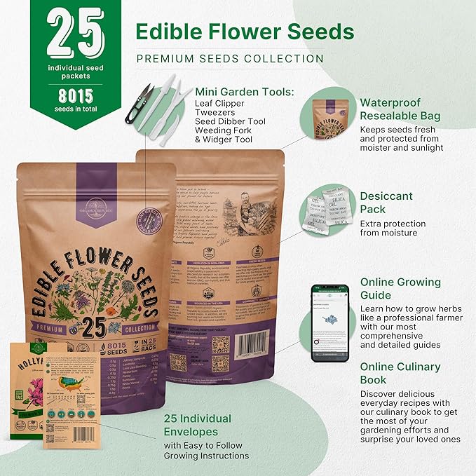 Organo Republic 25 Edible Flower Seeds Variety Pack for Indoor Outdoor Gardening - 8,000+ Non-GMO Heirloom Flower Seeds: Anise, Hyssop, Nasturtium, Pansy, Echinacea, Lavender, Chives & More