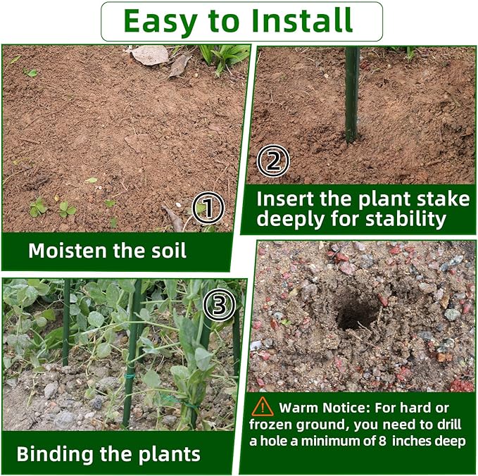 Garden Stakes 16 Inch 70 Pack, Diy 4ft 5ft 6ft 7ft 8ft Tomato Stakes Plastic Coated Metal Plant Sticks Stakes Supports with 40 Connectors 30 Rotatable Clips for Indoor Outdoor Plants Vegetable