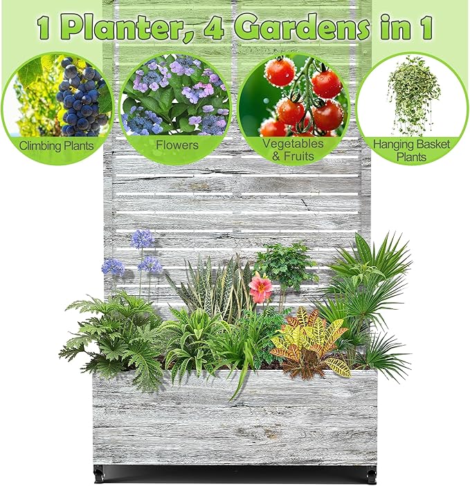 15.7"×70.9"×35.4" Metal Raised Garden Bed with Trellis and Wheels - Tall Trellis Planter Box for Climbing Plants, Vegetables & Vines - Outdoor Privacy Planters for Patio (White Oak Grain)