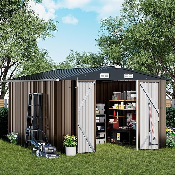 COMHOMA Shed Outdoor Storage Shed Metal,Lockable Doors Tool Sheds with Sloping Roof,Steel Garden Shed with Air Vent for Backyard,Patio,Lawn,Poolside (Brown, 10'*12')