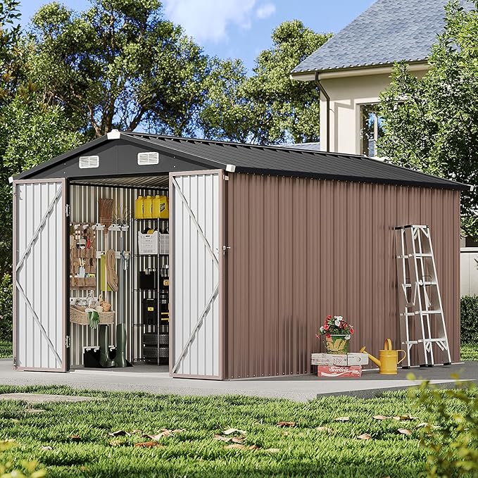8x12FT Outdoor Storage Shed, Metal Garden Shed with Lockable Double Doors & Sloping Roof, Weather-Resistant Tool Shed for Backyard, Patio, Poolside Brown