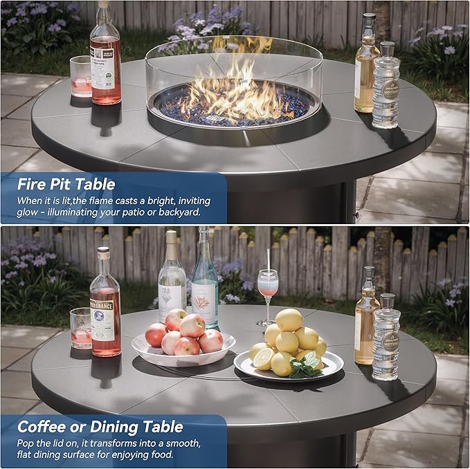 Kurapika 5 Piece Modern Metal Outdoor Conversation Sets, Patio Furniture Set, 4 Aluminum Swivel Chairs w/48in Round Propane Fire Pit Table and Thickened Cushions, Grey