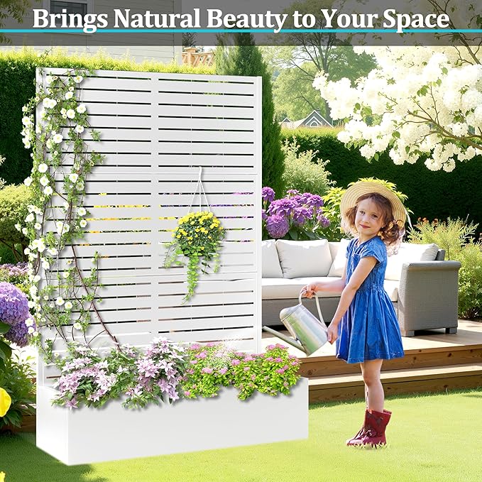 Metal Planter Box with Trellis, Planter Box with Privacy Screen, Privacy Trellis Outdoor for Climbing Plants with Drainage Holes, Raised Garden Bed for Vegetables