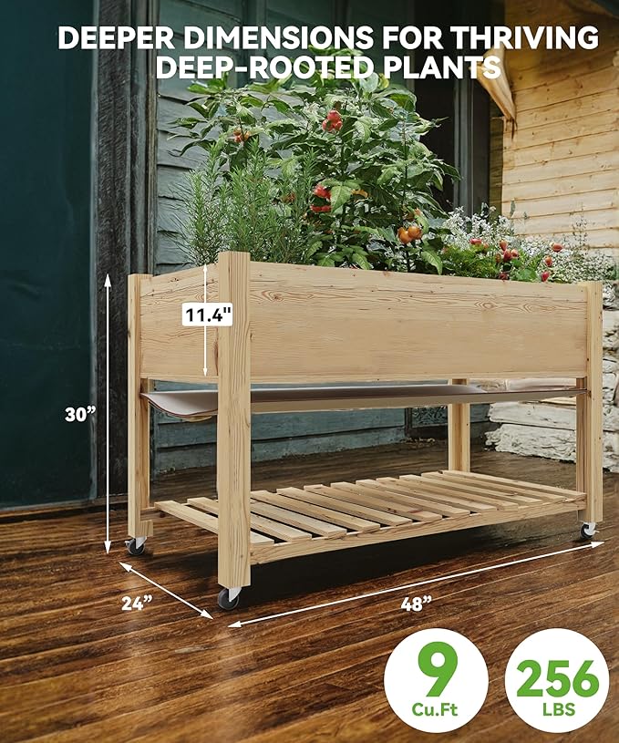 Raised Garden Bed on Wheels, Elevated Raised Wood Planter Box with Legs, Elevated Garden Bed for Vegetables, Standing Garden Container for Backyard, Patio