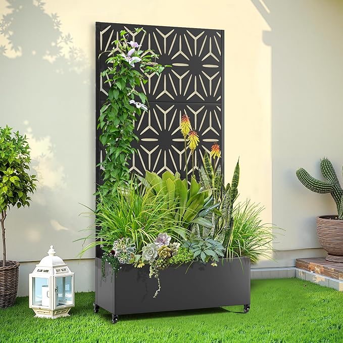 Raised Garden Bed with Trellis and Wheels,73"x35"x16" Metal Raised Garden Bed,Black Star Metal Planter with Climbing Trellis for Vines & Vegetables