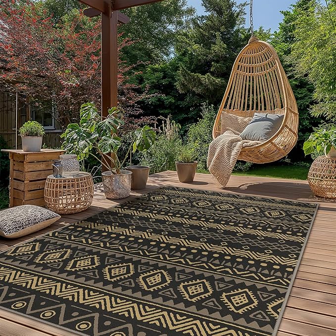GENIMO Outdoor Rug for Patio Clearance, 5'x7' Reversible Plastic Straw Rugs, Lightweight Waterproof RV Camping Mat for Camper, Balcony, Deck, Backyard, Picnic, BlackBrown