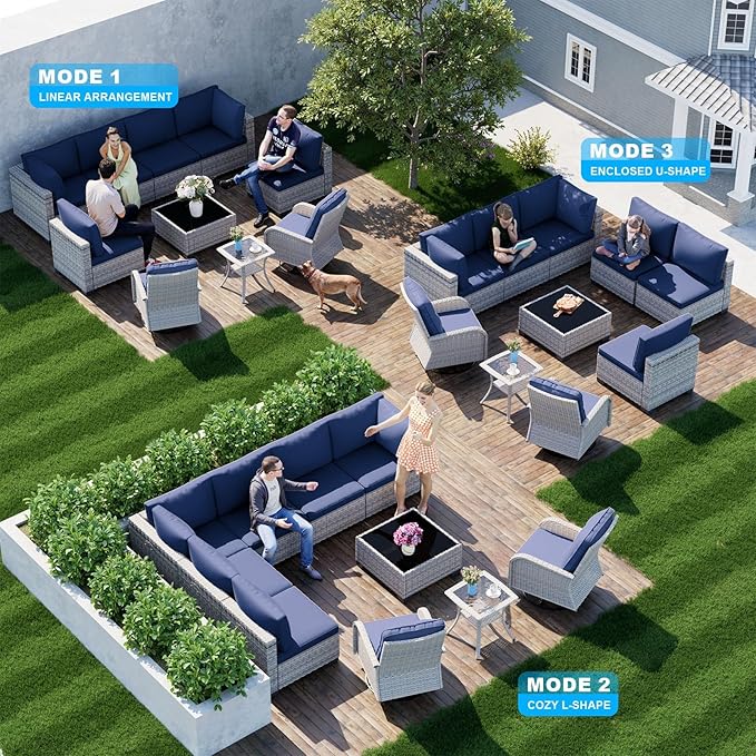 10-Piece Modern Patio Furniture Set with Swivel Chairs, Thick Cushions, Dual-Strand Wicker Rattan, Rust-Resistant Frame, Navy Blue