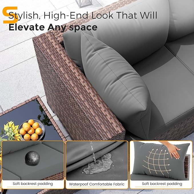 UDPATIO Outdoor Patio Furniture Set with Fire Pit Table, 8 Piece Outdoor Sectional Sofas, All-Weather Wicker Patio Conversation Set for Garden, Backyard Dark Grey